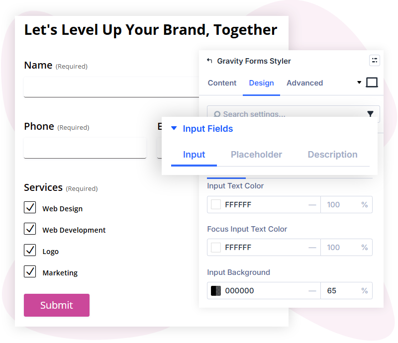 Input fields settings of Gravity Forms styler module for Divi